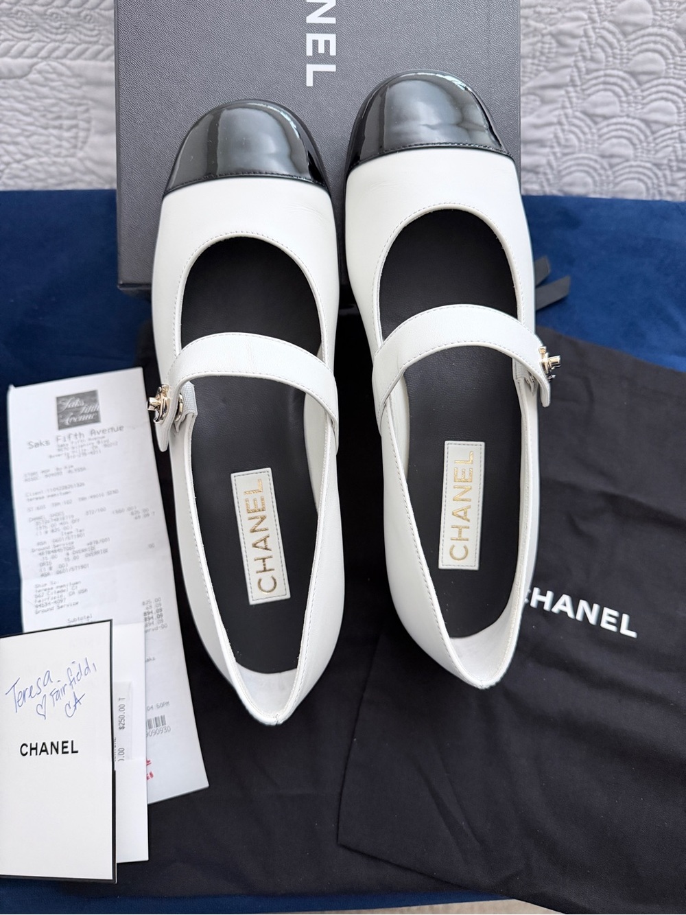 Authentic CHANEL Women's White and Black Mary Jane Ballet Flats